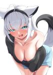  1girl absurdres ahoge animal_ears aqua_eyes bent_over black_hairband black_shirt black_tail blue_shorts blush breasts collarbone commentary_request crossed_bangs downblouse fox_ears fox_girl fox_tail hairband highres hololive large_breasts long_hair looking_at_viewer neko-suki_kenshuu_neko no_bra off_shoulder open_mouth oversized_clothes oversized_shirt shirakami_fubuki shirakami_fubuki_(loungewear) shirt short_shorts short_sleeves shorts simple_background single_bare_shoulder smile solo t-shirt tail two-tone_tail v_arms virtual_youtuber white_background white_hair 