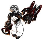  1girl 2b_(nier:automata) ass back_cutout blindfold boots breasts clothing_cutout cowboy_shot cropped_legs dual_wielding hairband holding juliet_sleeves kahadu_(kawazu) leotard long_sleeves monochrome nier:automata nier_(series) profile puffy_sleeves short_hair simple_background solo spot_color thigh_boots weapon 