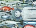  1boy absurdres anchovy_(fish) avogado6 bass_(fish) black_eyes blue_hair collarbone death eel fins fish fish_request highres lying mackerel_(fish) male_focus navel no_nipples nude on_back original out-of-frame_censoring pale_skin parted_lips red_snapper sardine solo tuna 