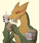  anthro burger eating eyes_closed fast_food food fries gemini_the_sergal hi_res holding_food holding_object male multi_arm multi_limb multicolored_body solo teeth 