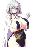  1girl areola_slip arm_under_breasts azur_lane blush breast_curtains breasts cape commentary_request gloves gold_trim grey_hair half_gloves highres large_breasts looking_at_viewer official_alternate_costume open_mouth pelvic_curtain pon_tanuki_(ga7fsrge9jxblaw) red_eyes revealing_clothes ribbon_between_breasts short_hair simple_background sirius_(azur_lane) sirius_(azure_horizons)_(azur_lane) solo upper_body white_background white_cape white_gloves 
