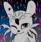  anonymous_artist digital_media_(artwork) feral looking_at_viewer low_res one_eye_closed rain_world raining simple_background simple_eyes slugcat smile solo videocult wink winking_at_viewer 