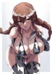  1girl animal_print bad_anatomy bad_proportions bikini blush braid breasts brown_hair cleavage collarbone cow_print elbow_gloves gloves gradient gradient_background green_eyes hand_on_own_chest highres kantai_collection kurage_ituki large_breasts leaning_forward looking_at_viewer noshiro_(kancolle) side-tie_bikini solo swimsuit thighhighs twin_braids 
