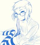  1boy amefuri_(muen_kai) glasses highres kikunomon_tsubomi monochrome original otoko_no_ko short_hair sitting striped striped_legwear striped_sweater sweater thighhighs yokozuwari 