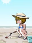  1girl alternate_breast_size alternate_costume beach bikini blue_bikini blue_sky breasts brown_hair bucket chibi clam clam_digging clear_sky cleavage commentary_request crab dated day flip-flops full_body green_eyes grey_footwear hat heterochromia highres holding_rake itini-sanshi looking_down medium_bangs medium_breasts no_mouth ocean outdoors rake red_eyes rozen_maiden sand sandals short_hair sky solo souseiseki squatting sun_hat swimsuit 