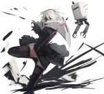  1girl 2b_(nier:automata) absurdres black_blindfold black_dress black_hairband black_thighhighs blindfold bob_cut boots breasts clothing_cutout covered_eyes dress feet_out_of_frame gloves hairband highres holding holding_sword holding_weapon juliet_sleeves katana leotard long_sleeves looking_at_viewer nagishiro_mito nier:automata nier_(series) pod_(nier:automata) puffy_sleeves short_hair simple_background solo sword thighhighs weapon white_background white_hair 
