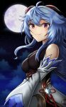  1girl absurdres bare_shoulders bell blue_hair blush breasts chinese_knot closed_mouth detached_sleeves full_moon ganyu_(genshin_impact) genshin_impact highres horns long_hair looking_at_viewer mixed-language_commentary moon multicolored_eyes neck_bell night night_sky purple_eyes red_eyes silverchariotx sky smile solo star_(sky) starry_sky 