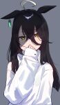  1girl absurdres ahoge animal_ears arlcn_(arlcn_1115) black_hair collared_shirt covering_own_mouth ear_tag hair_between_eyes hand_over_own_mouth highres horse_ears horse_girl long_bangs long_hair long_hair_between_eyes long_sleeves manhattan_cafe_(umamusume) multicolored_hair oversized_clothes oversized_shirt partially_shaded_face shirt sleeves_past_wrists solo umamusume white_hair white_shirt yellow_eyes 