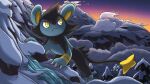  :&lt; claws closed_mouth commentary frown highres looking_to_the_side luxio mountain outdoors pokemon pokemon_(creature) sky snow standing sugarmasonmearii twilight yellow_eyes yellow_pupils 