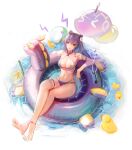  1girl absurdres arm_strap bangs bare_shoulders bikini breasts cleavage commentary_request double_bun eyewear_on_head feet full_body genshin_impact highres innertube keqing_(genshin_impact) large_breasts long_hair navel open_mouth parted_lips purple_bikini purple_eyes purple_hair revision rubber_duck simple_background soles sunglasses swimsuit thigh_strap thighs water white_background xude 