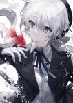  1boy androgynous blue_eyes bubble fish formal gloves goldfish grey_hair hat highres namiki_itsuki original pale_skin white_hair 