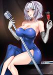  1girl blue_dress breasts champagne_flute cleavage collarbone commission covered_navel crossed_legs cup dress drinking_glass english_commentary grey_hair highres holding holding_cup holding_microphone kamishiro_rita large_breasts looking_at_viewer microphone nyctea_snow open_mouth prism_project second-party_source short_hair signature sitting solo sparkle virtual_youtuber 