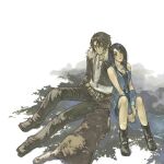  1boy 1girl angelo_(ff8) arm_support belt black_footwear black_hair black_jacket black_pants black_tank_top blue_eyes boots brown_belt brown_fur brown_hair chain chain_necklace commentary_request cropped_jacket dappled_sunlight day detached_sleeves dog final_fantasy final_fantasy_viii full_body hinokami jacket jewelry light_smile long_hair long_sleeves looking_at_another lying multiple_belts necklace on_side open_clothes open_jacket outdoors pants parted_lips rinoa_heartilly scar scar_on_face shirt sitting skirt sleeveless_duster squall_leonhart sunlight tank_top white_shirt 