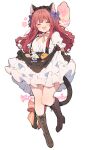  1girl :d alternate_costume animal_ears anna_(ikeuchi_tanuma) apron black_apron black_gloves blush boots bow bowtie brown_footwear cat_ears cat_tail closed_eyes dress enmaided facing_viewer full_body gloves hair_bow highres ikeuchi_tanuma long_hair maid open_mouth orange_bow orange_bowtie original puffy_short_sleeves puffy_sleeves purple_bow red_hair short_sleeves simple_background smile solo standing standing_on_one_leg tail tail_bow tail_ornament white_background white_dress 