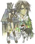  1boy 1girl alternate_costume angelo_(ff8) animal animal_collar animal_ears antlers bell black_hair blue_eyes boots brown_dress brown_footwear chimney christmas clothed_animal collar commentary_request cropped_shoulders deer_ears deer_girl deer_tail detached_sleeves dog dress final_fantasy final_fantasy_viii fir_tree full_body fur-trimmed_sleeves fur_trim hand_on_own_leg hand_up hat hinokami holding holding_sack hooves horns house knee_boots leaning_forward long_hair looking_down mouth_hold multicolored_fur neck_bell reindeer_antlers rinoa_heartilly sack santa_hat scar scar_on_face short_dress sleeveless sleeveless_dress squall_leonhart standing tail tree white_fur 