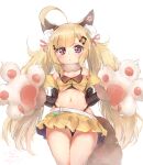  1girl ahoge animal_ear_fluff animal_ears animal_hands azur_lane bangs black_panties blonde_hair blush eldridge_(azur_lane) gloves hair_ornament hairclip highleg highleg_panties highres long_hair looking_at_viewer miniskirt monochrome_background navel off_shoulder panties paw_gloves pink_eyes pleated_skirt seboneko signature simple_background skirt solo star_(symbol) string_panties tail thigh_gap twintails underwear very_long_hair white_background yellow_skirt 