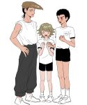  3boys :d alternate_costume bangs black_hair black_shorts blush brown_hair clenched_hands danganronpa:_trigger_happy_havoc danganronpa_(series) eyebrows_visible_through_hair flying_sweatdrops fujisaki_chihiro full_body grey_eyes grey_pants hands_up happy highres ishimaru_kiyotaka male_focus multicolored_hair multiple_boys oowada_mondo otoko_no_ko pants pompadour red_eyes renshu_usodayo shiny shiny_hair shirt shirt_tucked_in shoes short_hair shorts smile socks standing teeth translated two-tone_hair upper_teeth white_footwear white_legwear white_shirt 