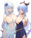  2girls absurdres ahoge arm_behind_back bangs bare_shoulders blue_dress blue_eyes blue_flower blue_rose breasts china_dress chinese_clothes choker cleavage cleavage_cutout clothing_cutout collarbone covered_navel curled_horns dress elbow_gloves evening_gown eyebrows_visible_through_hair eyes_visible_through_hair flower ganyu_(genshin_impact) genshin_impact gloves goat_horns hair_flower hair_ornament hair_over_one_eye highres holding_hands horns lace-trimmed_choker lace_trim large_breasts light_blue_hair long_hair looking_at_viewer lordol multiple_girls navel navel_cutout purple_eyes rose shenhe_(genshin_impact) side_slit silver_dress silver_hair simple_background spaghetti_strap very_long_hair white_background 