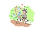  1boy antenna_hair bangs commentary_request drizzile from_side goh_(pokemon) grey_shirt hair_ornament in_basket male_focus medium_hair musical_note pants pokemon pokemon_(anime) pokemon_(creature) pokemon_swsh_(anime) riding_bicycle shirt shoes short_sleeves sitting speech_bubble takigawa_geenito translated 