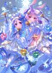  2girls ahoge animal_ears bangs bell blue_hair blush bow cat_ears cat_girl cat_tail christmas christmas_dress eyebrows_visible_through_hair gift hair_bell hair_bow hair_ornament hisana holding holding_bell looking_at_viewer medium_hair multiple_girls original pink_eyes pink_hair purple_eyes rabbit_ears rabbit_girl smile tail tail_bell tail_ornament thighhighs twintails zettai_ryouiki 