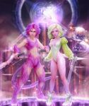  1boy 1girl blonde_hair breasts cleavage colored_skin dual_wielding final_fantasy final_fantasy_ix garnet_til_alexandros_xvii highleg highleg_leotard highres holding holding_staff honeybunny-art leotard looking_at_viewer mage_staff pink_fur pink_hair pink_skin staff standing tail trance_garnet_til_alexandros_xvii trance_zidane_tribal zidane_tribal 