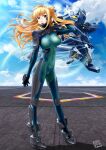 1girl absurdres cloud commentary commission covered_nipples f-18_hornet_(muvluv) floating_hair flying fortified_suit green_eyes hand_in_hair highres lilia_kjellberg long_hair mecha muvluv muvluv_alternative muvluv_unlimited:_the_day_after open_hand pilot_suit popmaru_chuui science_fiction side_bun sky standing tactical_surface_fighter visor 