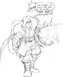  anthro armor atama_(namelessenemy) belt boots clothed clothing dialogue felid footwear fully_clothed gloves hair handwear hi_res long_hair magic magic_user male mammal monochrome namelessenemy sketch solo 