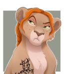  anthro brown_nose disney felid female fur green_eyes hair lion mammal metal_family nemushiffer pantherine red_hair solo tan_body tan_fur tattoo the_lion_king vicky victoria victoria_(metal_family) 