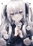  1girl androgynous flower grey_eyes grey_hair highres long_hair namiki_itsuki original pale_skin purple_eyes twintails white_hair 