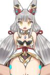  1boy 1girl absurdres alten animal_ears artist_name breasts cat_ears cleavage covered_navel gem hetero highres jewelry long_hair nia_(blade)_(xenoblade) nia_(xenoblade) open_mouth ribbon silver_hair sitting smile solo_focus thighs twintails very_long_hair xenoblade_chronicles_(series) xenoblade_chronicles_2 yellow_eyes 