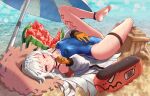  1girl absurdres anklet azur_lane barefoot beach beach_umbrella blue_swimsuit breasts chinese_commentary choker commentary_request cross day feet food food_on_face fruit gloves grey_hair hat highres iron_cross iyasu_shikaku jacket jewelry long_hair looking_at_viewer lying mole mole_under_eye ocean on_back one_eye_closed sand sand_castle sand_sculpture school_swimsuit small_breasts solo straw_hat sun_hat sunlight swimsuit tattoo thigh_strap toes umbrella very_long_hair water watermelon yellow_eyes yellow_gloves z46_(azur_lane) z46_(her_first_summer)_(azur_lane) 
