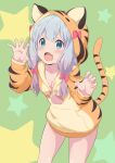  1girl absurdres animal_ears animal_hood animal_print blue_eyes bow claw_pose eromanga_sensei fake_animal_ears fake_tail fang hair_bow highres hood hoodie izumi_sagiri long_hair misashi_(raichi821) no_pants open_mouth orange_hoodie orange_shirt ribbon shirt silver_hair smile solo tail thighs tiger_ears tiger_print tiger_tail 