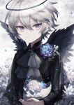  1boy androgynous angel angel_wings black_wings fallen_angel flower grey_hair hair_flower hair_ornament halo highres male_focus namiki_itsuki original pale_skin purple_eyes skull white_hair wings 