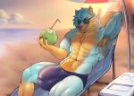 abs anthro balls_outline beach bulge canid canine canis clothing coconut cooler drupe_(fruit) eyewear food fox fruit genital_outline hi_res hybrid light male mammal muscular muscular_male plant seaside solo straw sunglasses sunlight swimwear teslawolfen unknown_artist wolf 