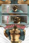  2021 anthro awarebear bottomwear clothed clothing comic curtis_(awarebear) dialogue eyes_closed fur fur_growth growth hairy hi_res human humanoid_pointy_ears male mammal muscle_growth muscular muscular_male open_clothing open_mouth open_shirt open_topwear ripping screaming shaking sharp_teeth shirt shorts solo species_transformation speech_bubble teeth topwear torn_clothing transformation transformation_sequence trembling ursid were wereursid 