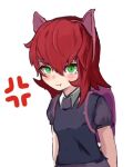  1girl anger_vein animal_ears annie_(league_of_legends) backpack bag bangs blush cat_ears closed_mouth fake_animal_ears green_eyes hair_between_eyes hairband league_of_legends looking_at_viewer medium_hair pink_hairband pout qusouzu_mogari red_hair short_sleeves simple_background solo white_background 
