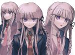  1girl bangs black_jacket black_ribbon braid brown_necktie closed_mouth collared_shirt danganronpa:_trigger_happy_havoc danganronpa_(series) hair_ribbon highres jacket kirigiri_kyouko long_hair looking_at_viewer necktie open_clothes open_jacket open_mouth purple_eyes ribbon shirt simple_background teeth upper_body upper_teeth visket53 white_background 