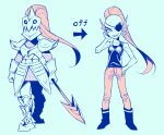  animal_humanoid armor boots bottomwear clothing ear_fins english_text female fin fish fish_humanoid footwear hair holding_object holding_weapon humanoid marine marine_humanoid melee_weapon ouse pants polearm ponytail pupils sharp_teeth shirt slit_pupils solo spear tank_top teeth text topwear undertale_(series) undyne weapon 
