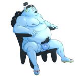  2022 absurd_res anthro balls belly blue_body chair fish-men_(one_piece) furniture genitals heathenpixel hi_res jinbe male marine moobs nipples one_piece overweight overweight_male penis pubes rabbitcretin sitting small_penis solo 
