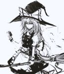  1girl absurdres bangs bow braid broom dress english_commentary eyebrows_visible_through_hair grey_background greyscale hair_bow hat hat_bow highres holding holding_broom huge_bow kirisame_marisa long_hair merpperoni monochrome parted_lips side_braid sketch smile solo touhou witch_hat 
