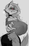 &lt;3 2022 4_fingers absurd_res alternate_version_at_source anthro big_breasts blush bodily_fluids breasts butt canid canid_demon canine canis clothed clothing collar demon disembodied_hand duo female fingers fur hair hellhound helluva_boss hi_res huge_breasts krekk0v looking_at_viewer loona_(helluva_boss) mammal money nipple_outline piercing prostitution red_sclera simple_background snarling solo_focus sweat thick_thighs white_background wide_hips 