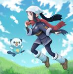  1girl 28_(282teeth) akari_(pokemon) black_hair black_shirt brown_footwear closed_mouth cloud day eyelashes floating_hair floating_scarf grass grey_eyes grey_jacket hand_up head_scarf highres holding holding_poke_ball jacket leaves_in_wind long_hair loose_socks oshawott outdoors pantyhose poke_ball poke_ball_(legends) pokemon pokemon_(creature) pokemon_(game) pokemon_legends:_arceus ponytail red_scarf sash scarf shirt shoes sidelocks skirt sky smile white_headwear white_legwear 