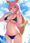  1girl absurdres animal_ear_fluff animal_ears bangs bare_shoulders bikini blue_bikini blue_sky blush bracelet breasts cleavage collarbone fate/grand_order fate_(series) food fox_ears fox_girl fox_tail highres jewelry large_breasts long_hair looking_at_viewer navel necklace pink_hair popsicle ru_yan sidelocks sky smile solo swimsuit tail tamamo_(fate) tamamo_no_mae_(swimsuit_lancer)_(fate) thighs yellow_eyes 