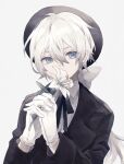  1boy androgynous blue_eyes bow covering_mouth flower grey_hair highres lily_(flower) male_focus namiki_itsuki original own_hands_clasped own_hands_together pale_skin ribbon smelling_flower white_hair 