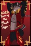  anthro black_hair bottomwear bulge castbound clothed clothing english_text felid feline fishnet fishnet_topwear hair hands_behind_head hi_res jacket looking_at_viewer male mammal pants red_eyes russell_(castbound) solo text topwear 