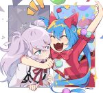  2girls ^^^ animal_ears aqua_eyes arm_around_neck arm_up artist_name blue_hair border bow bowtie cat_ears cat_tail chest_harness cleavage_cutout clenched_hand closed_mouth clothing_cutout collared_shirt colorful coral_(coral_l33) dot_nose dress dual_persona eyebrows_visible_through_hair fangs frilled_sleeves frills gold_trim grey_hair hair_between_eyes hair_ornament hair_ribbon harness hatsune_miku heterochromia laughing light_blush light_particles long_hair long_sleeves looking_at_another looking_to_the_side monochrome multiple_girls neck_ribbon nervous open_mouth pom_pom_(clothes) pom_pom_hair_ornament project_sekai purple_eyes rafters red_bow red_bowtie red_dress red_ribbon ribbon serious shiny shiny_hair shirt short_sleeves slit_pupils sparkle split_screen star_cutout striped striped_dress surprised sweatdrop tail triangle tsurime twintails vertical-striped_dress vertical_stripes very_long_hair vocaloid white_border white_ribbon white_shirt 