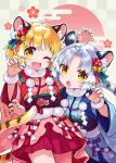  2girls :d ahoge animal_ears arm_scrunchie bangs bell blonde_hair blue_kimono chinese_zodiac claw_pose fang flower hair_bell hair_flower hair_ornament hisana japanese_clothes kimono looking_at_viewer medium_hair multiple_girls one_eye_closed original red_kimono silver_hair simple_background smile tail tiger_ears tiger_girl tiger_tail year_of_the_tiger yellow_eyes 