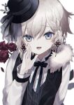  1boy androgynous blue_eyes ear_piercing earrings hat highres jewelry namiki_itsuki original pale_skin piercing top_hat white_hair 