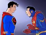  black_eyes black_hair blue_background brandon_santiago cape dc_comics highres injustice:_gods_among_us meme red_cape superhero_costume superman superman_(series) virgin_vs_chad_(meme) 