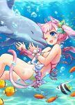  1girl ahoge animal animal_ears arm_scrunchie bangs bikini cat_ears cat_girl cat_tail dolphin frilled_bikini frills hisana long_hair multicolored_eyes ocean one_eye_closed open_mouth original pink_hair rainbow_eyes solo string_bikini swimsuit tail teeth tropical_fish twintails underwater upper_teeth 